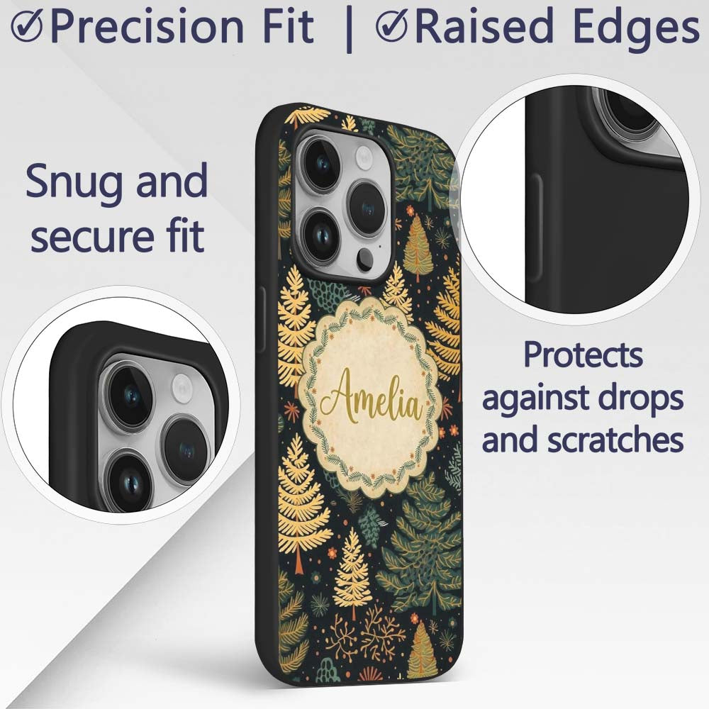 Modern Christmas Trees Golden Printed Design Custom Name Protective Phone Case Mobile Cover Durable Everyday Smartphone Shock Resistant