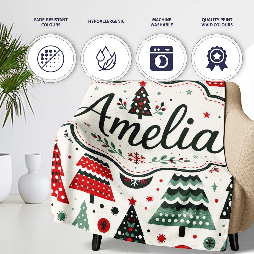 Scandi Christmas Trees Polka Dots Snowflakes Cute Holiday Seamless  Personalised Custom Name Super Soft Fleece Blanket Bed Sofa Throw