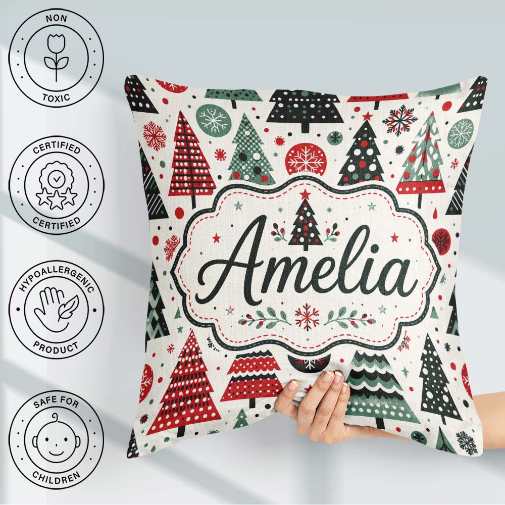 Custom Name Scandi Christmas Trees Polka Dots Snowflakes Holiday Square Filled Cushion Throw Pillow Sofa Bed Home Decor Zip Washable UK Made