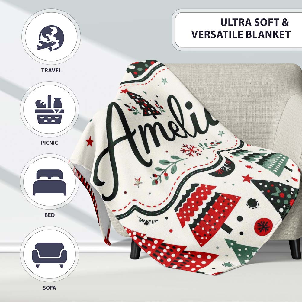 Scandi Christmas Trees Polka Dots Snowflakes Cute Holiday Seamless  Personalised Custom Name Super Soft Fleece Blanket Bed Sofa Throw