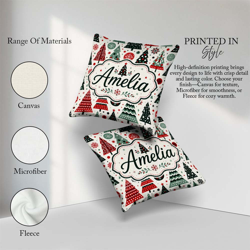 Custom Name Scandi Christmas Trees Polka Dots Snowflakes Holiday Square Filled Cushion Throw Pillow Sofa Bed Home Decor Zip Washable UK Made