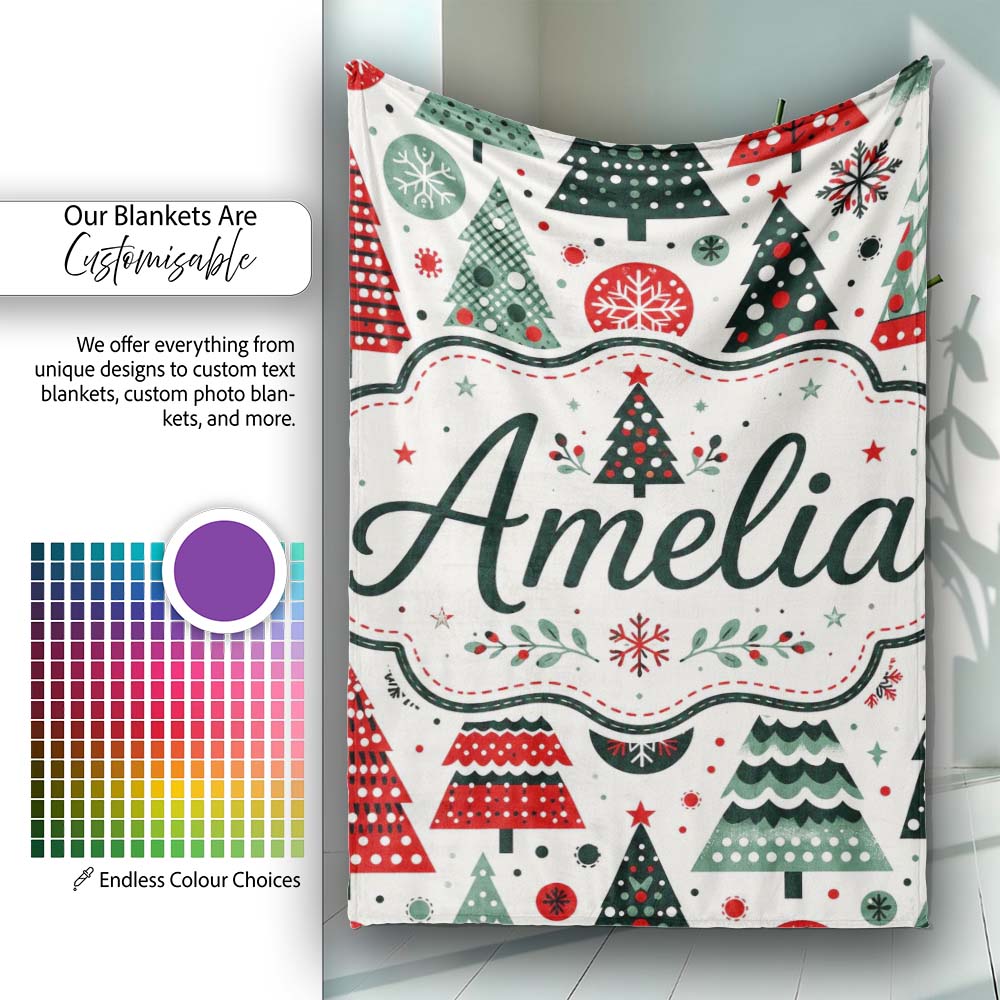 Scandi Christmas Trees Polka Dots Snowflakes Cute Holiday Seamless  Personalised Custom Name Super Soft Fleece Blanket Bed Sofa Throw