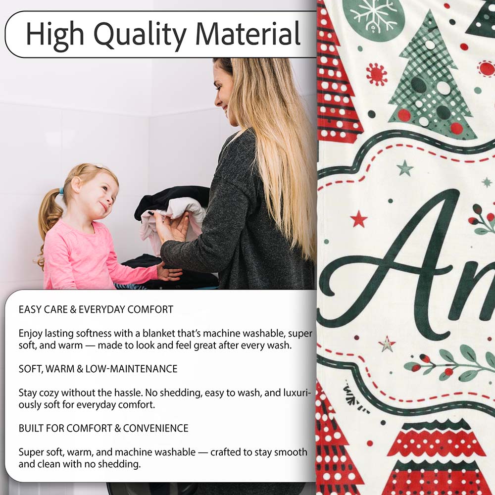 Scandi Christmas Trees Polka Dots Snowflakes Cute Holiday Seamless  Personalised Custom Name Super Soft Fleece Blanket Bed Sofa Throw
