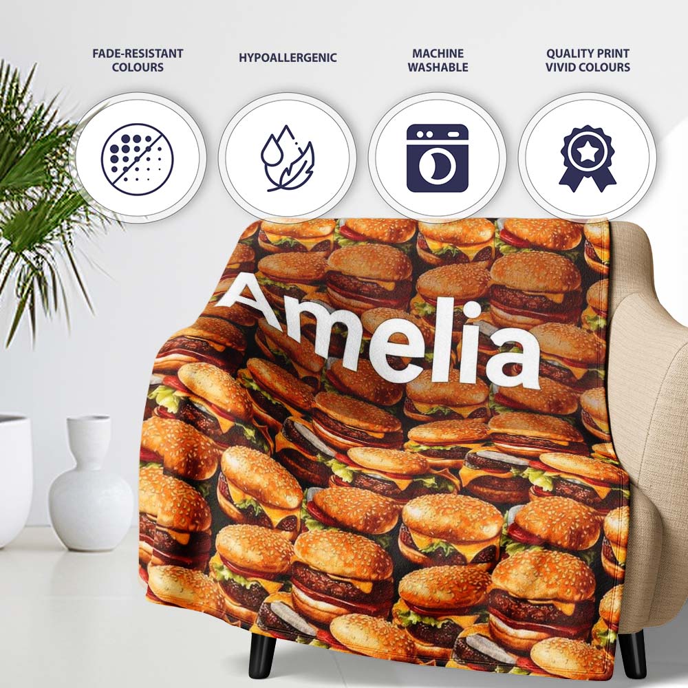 Realistic Burger Stack Seamless Pattern Fast Food Snack Design  Personalised Custom Name Super Soft Fleece Blanket Bed Sofa Throw