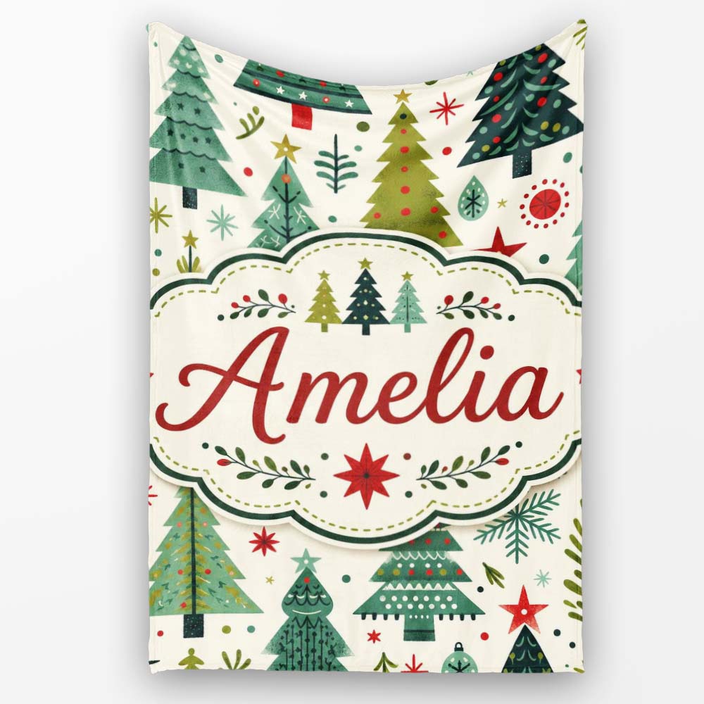 Minimal Christmas Trees Stars Leaves Nordic Holiday Seamless Pattern  Personalised Custom Name Super Soft Fleece Blanket Bed Sofa Throw