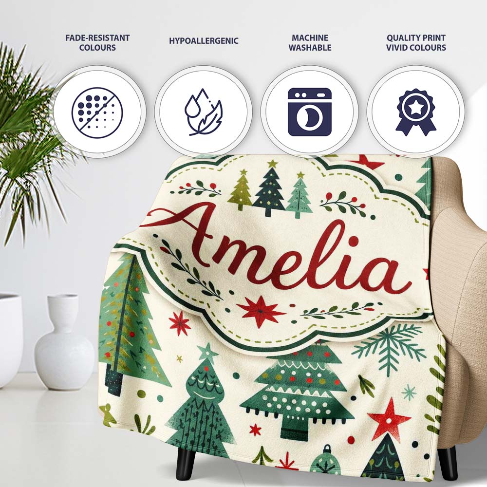 Minimal Christmas Trees Stars Leaves Nordic Holiday Seamless Pattern  Personalised Custom Name Super Soft Fleece Blanket Bed Sofa Throw