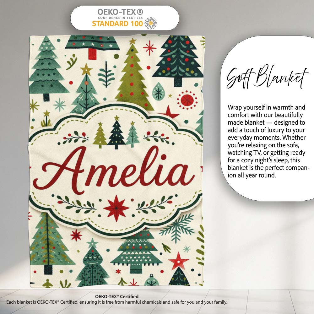 Minimal Christmas Trees Stars Leaves Nordic Holiday Seamless Pattern  Personalised Custom Name Super Soft Fleece Blanket Bed Sofa Throw
