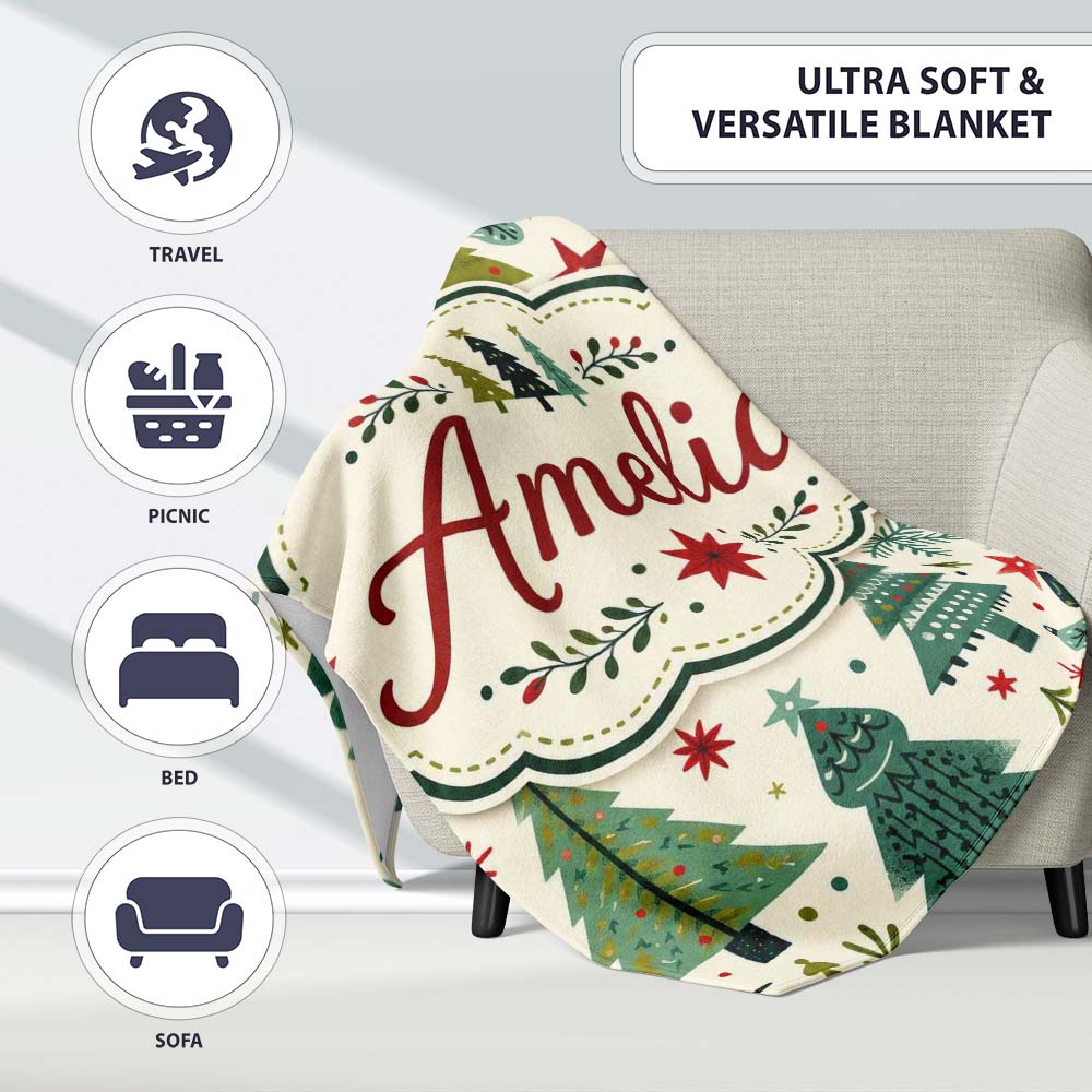 Minimal Christmas Trees Stars Leaves Nordic Holiday Seamless Pattern  Personalised Custom Name Super Soft Fleece Blanket Bed Sofa Throw