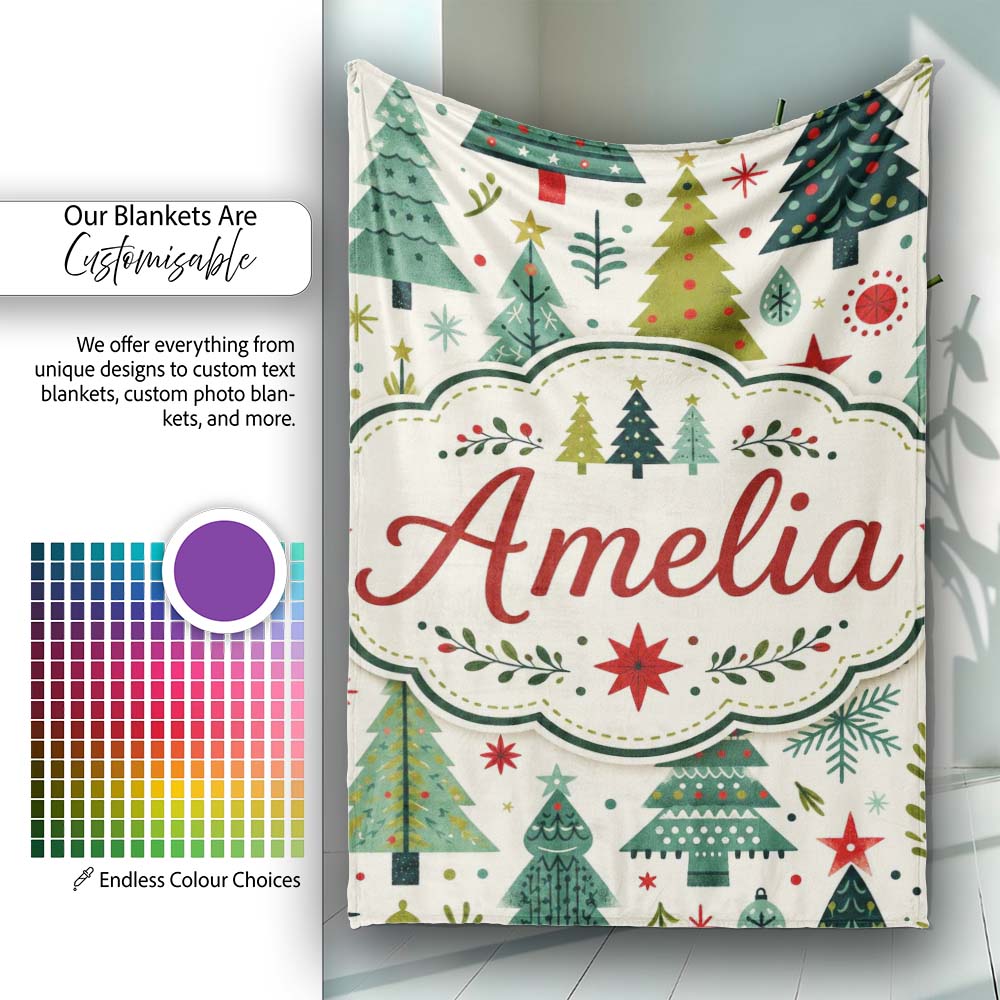 Minimal Christmas Trees Stars Leaves Nordic Holiday Seamless Pattern  Personalised Custom Name Super Soft Fleece Blanket Bed Sofa Throw