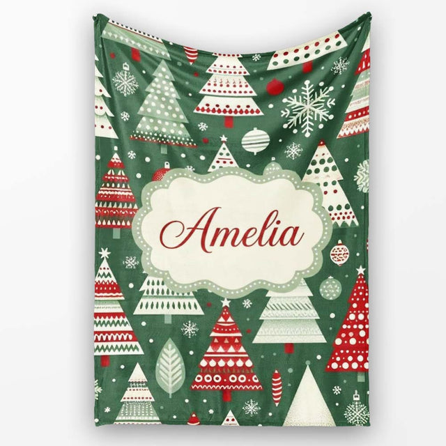 Scandi Christmas Trees Red White Green Snowflakes Nordic Seamless  Personalised Custom Name Super Soft Fleece Blanket Bed Sofa Throw