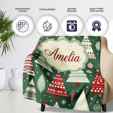 Scandi Christmas Trees Red White Green Snowflakes Nordic Seamless  Personalised Custom Name Super Soft Fleece Blanket Bed Sofa Throw