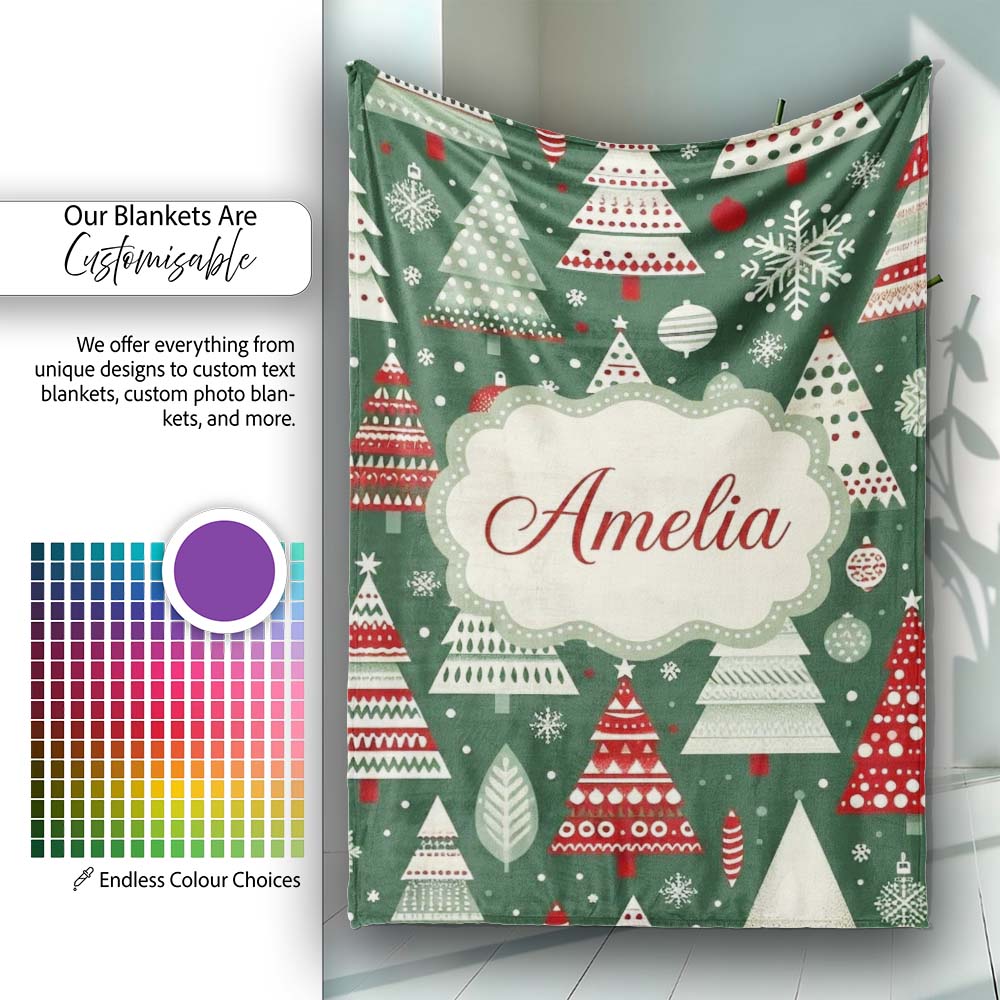 Scandi Christmas Trees Red White Green Snowflakes Nordic Seamless  Personalised Custom Name Super Soft Fleece Blanket Bed Sofa Throw