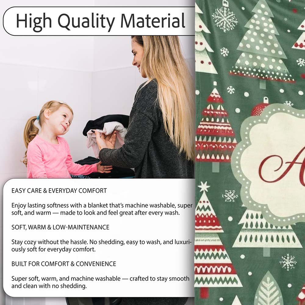 Scandi Christmas Trees Red White Green Snowflakes Nordic Seamless  Personalised Custom Name Super Soft Fleece Blanket Bed Sofa Throw