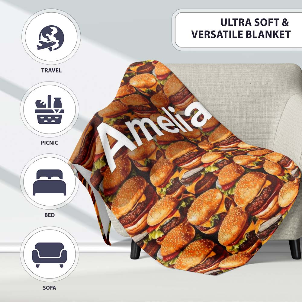 Realistic Burger Stack Seamless Pattern Fast Food Snack Design  Personalised Custom Name Super Soft Fleece Blanket Bed Sofa Throw