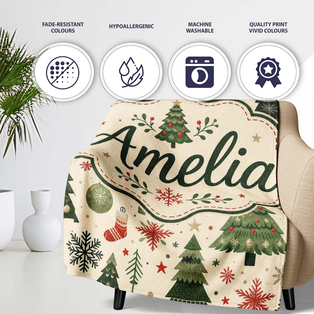 Classic Christmas Trees Ornaments Gifts Snowflakes Festive Seamless  Personalised Custom Name Super Soft Fleece Blanket Bed Sofa Throw