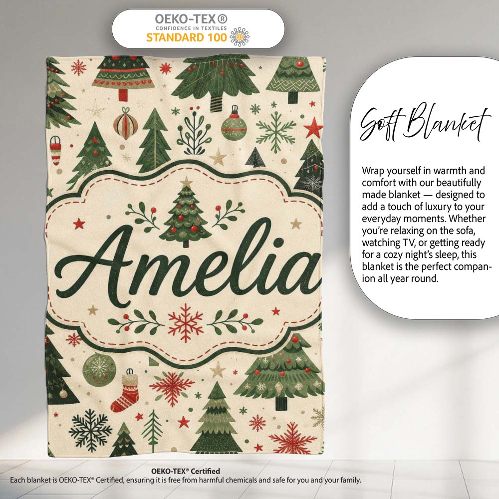 Classic Christmas Trees Ornaments Gifts Snowflakes Festive Seamless  Personalised Custom Name Super Soft Fleece Blanket Bed Sofa Throw