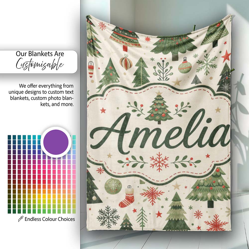 Classic Christmas Trees Ornaments Gifts Snowflakes Festive Seamless  Personalised Custom Name Super Soft Fleece Blanket Bed Sofa Throw