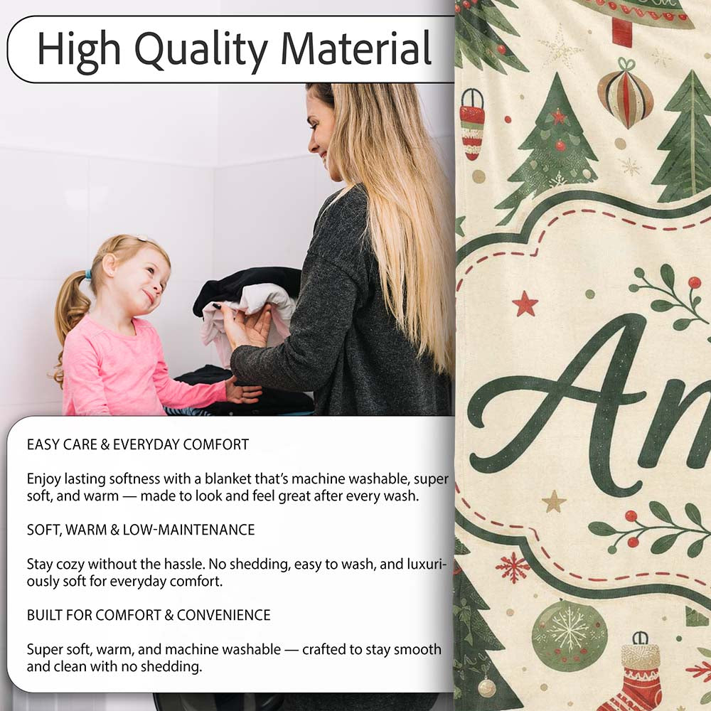 Classic Christmas Trees Ornaments Gifts Snowflakes Festive Seamless  Personalised Custom Name Super Soft Fleece Blanket Bed Sofa Throw