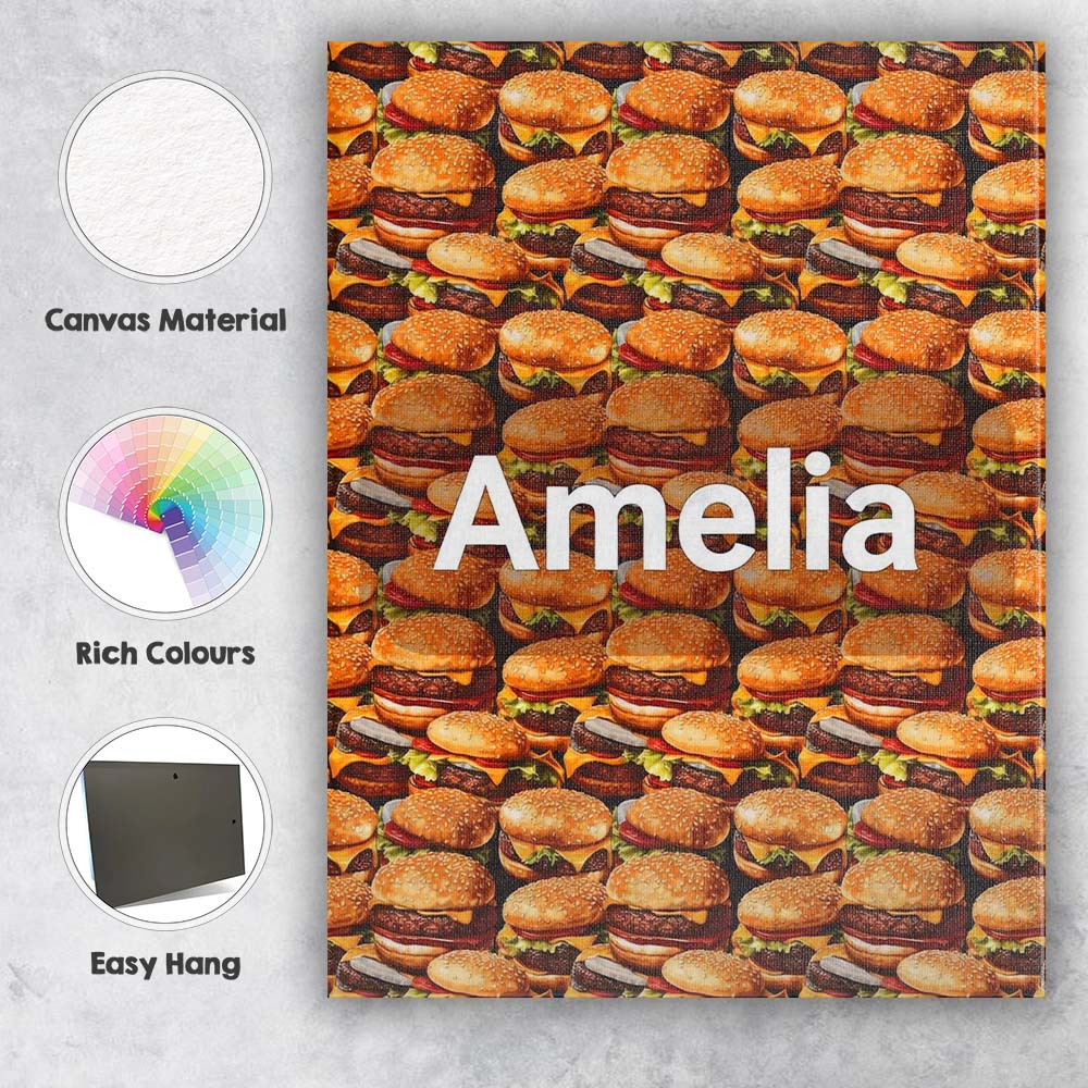 Personalised Name Realistic Burger Stack Seamless Pattern Fast Food Custom Canvas Wall Art Print Decor Picture Ready to Hang