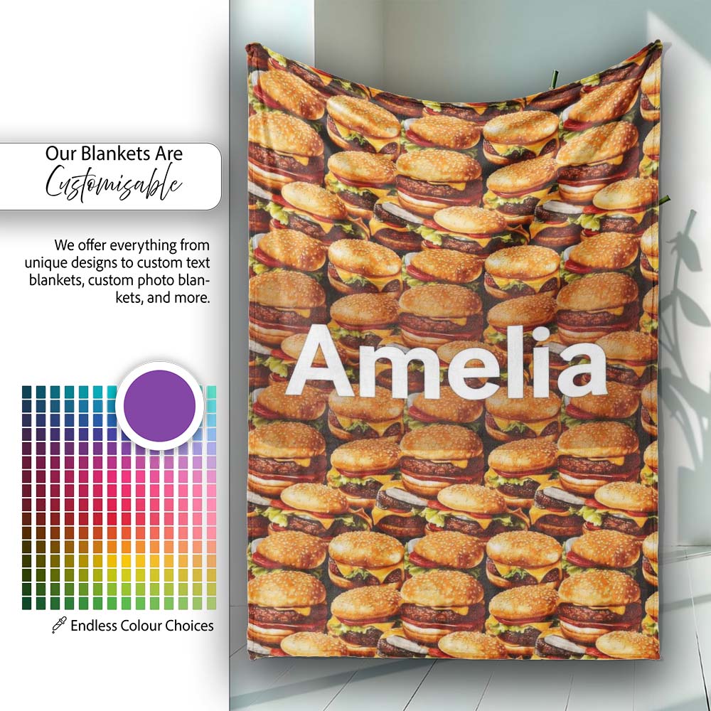 Realistic Burger Stack Seamless Pattern Fast Food Snack Design  Personalised Custom Name Super Soft Fleece Blanket Bed Sofa Throw