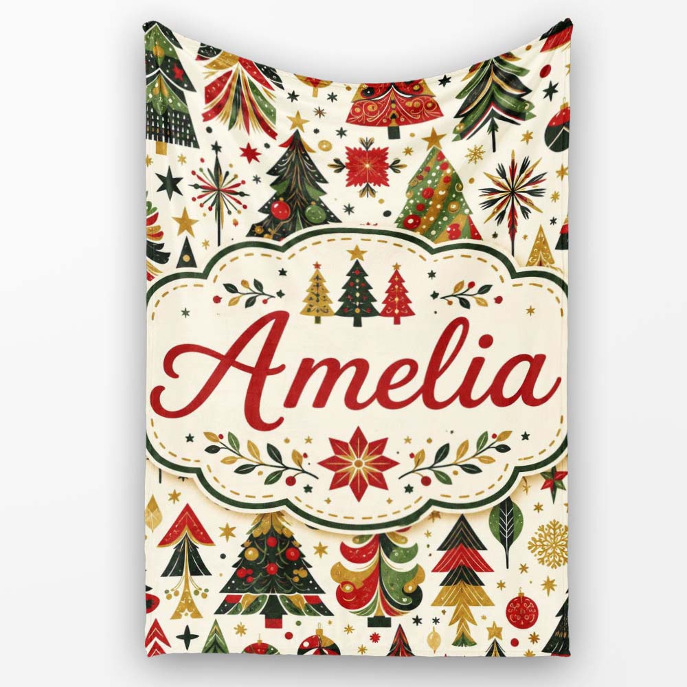 Elegant Christmas Trees Red Green Gold Stars Ornaments Seamless  Personalised Custom Name Super Soft Fleece Blanket Bed Sofa Throw