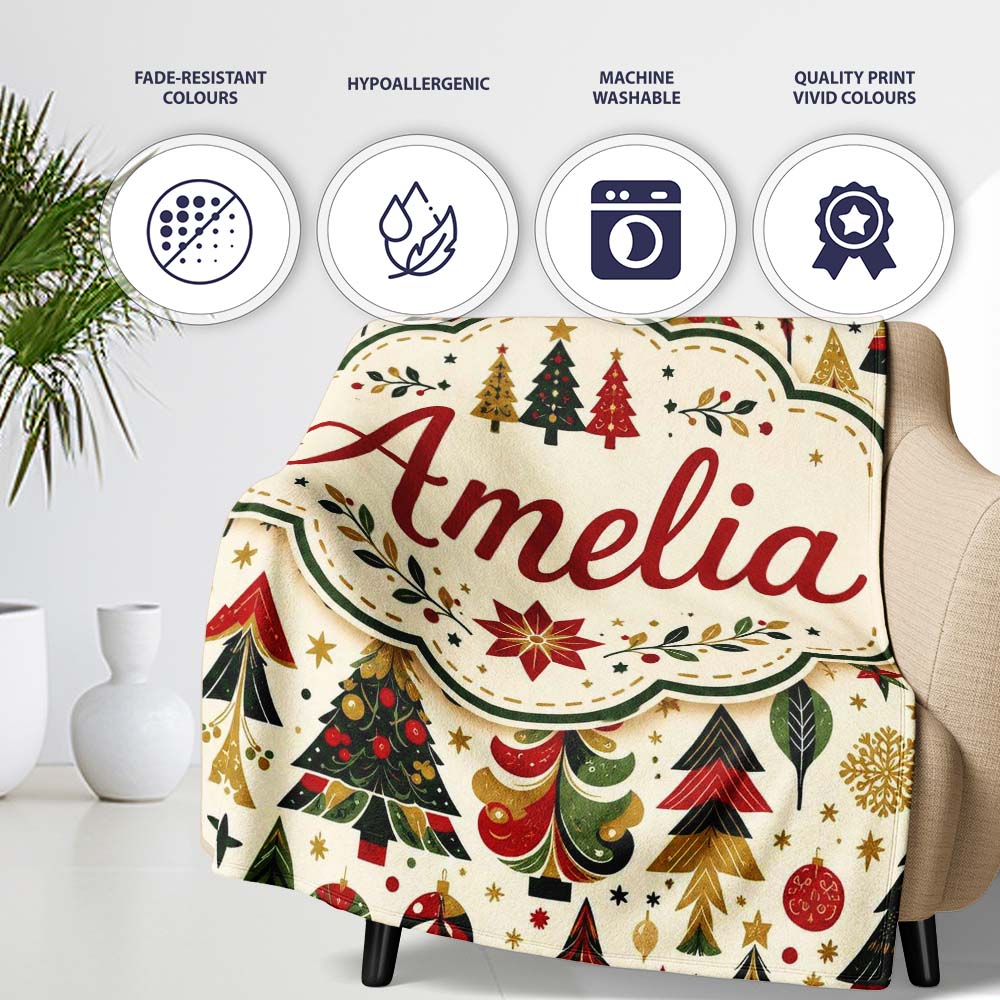 Elegant Christmas Trees Red Green Gold Stars Ornaments Seamless  Personalised Custom Name Super Soft Fleece Blanket Bed Sofa Throw