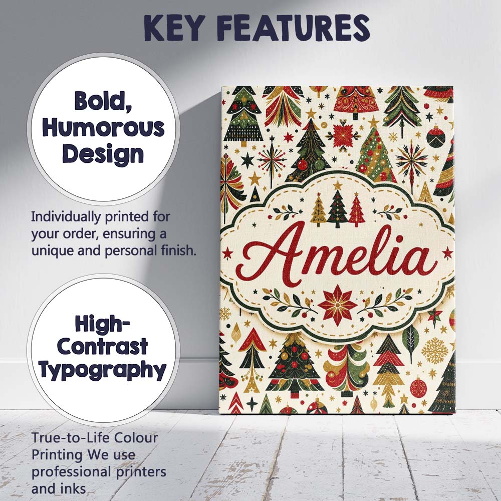Personalised Name Elegant Christmas Trees Custom  Bespoke Decorative Contemporary Canvas Wall Art Print Decor Picture Ready to Hang