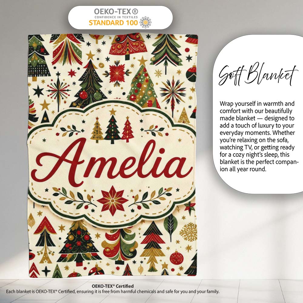 Elegant Christmas Trees Red Green Gold Stars Ornaments Seamless  Personalised Custom Name Super Soft Fleece Blanket Bed Sofa Throw