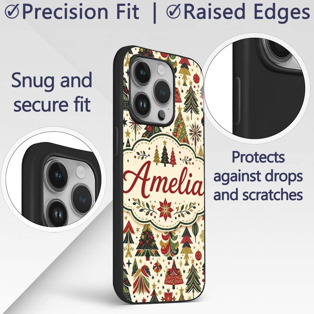 Elegant Christmas Trees Red Green Gold Stars Custom Name Protective Phone Case Mobile Cover Durable Everyday Smartphone Shock Resistant