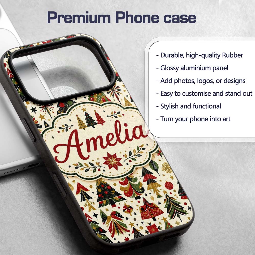 Elegant Christmas Trees Red Green Gold Stars Custom Name Protective Phone Case Mobile Cover Durable Everyday Smartphone Shock Resistant