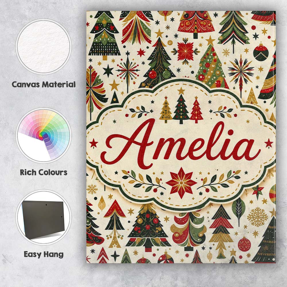 Personalised Name Elegant Christmas Trees Custom  Bespoke Decorative Contemporary Canvas Wall Art Print Decor Picture Ready to Hang