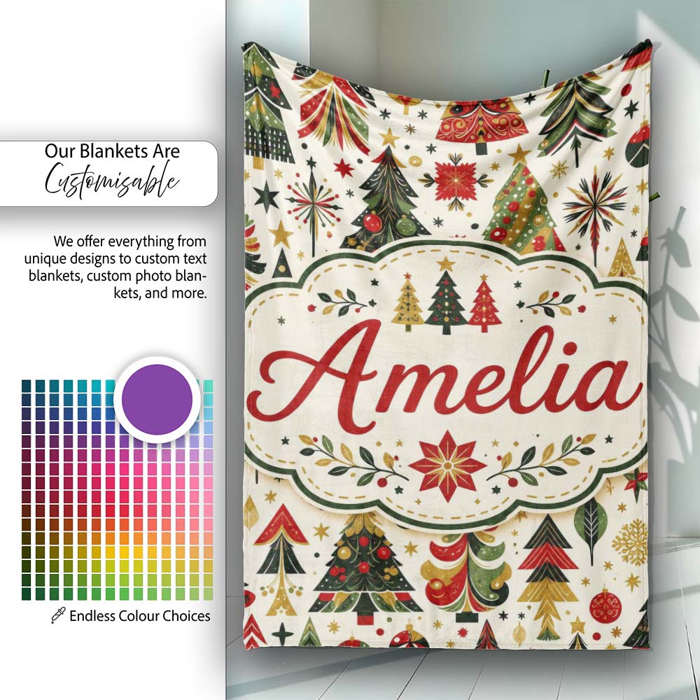 Elegant Christmas Trees Red Green Gold Stars Ornaments Seamless  Personalised Custom Name Super Soft Fleece Blanket Bed Sofa Throw