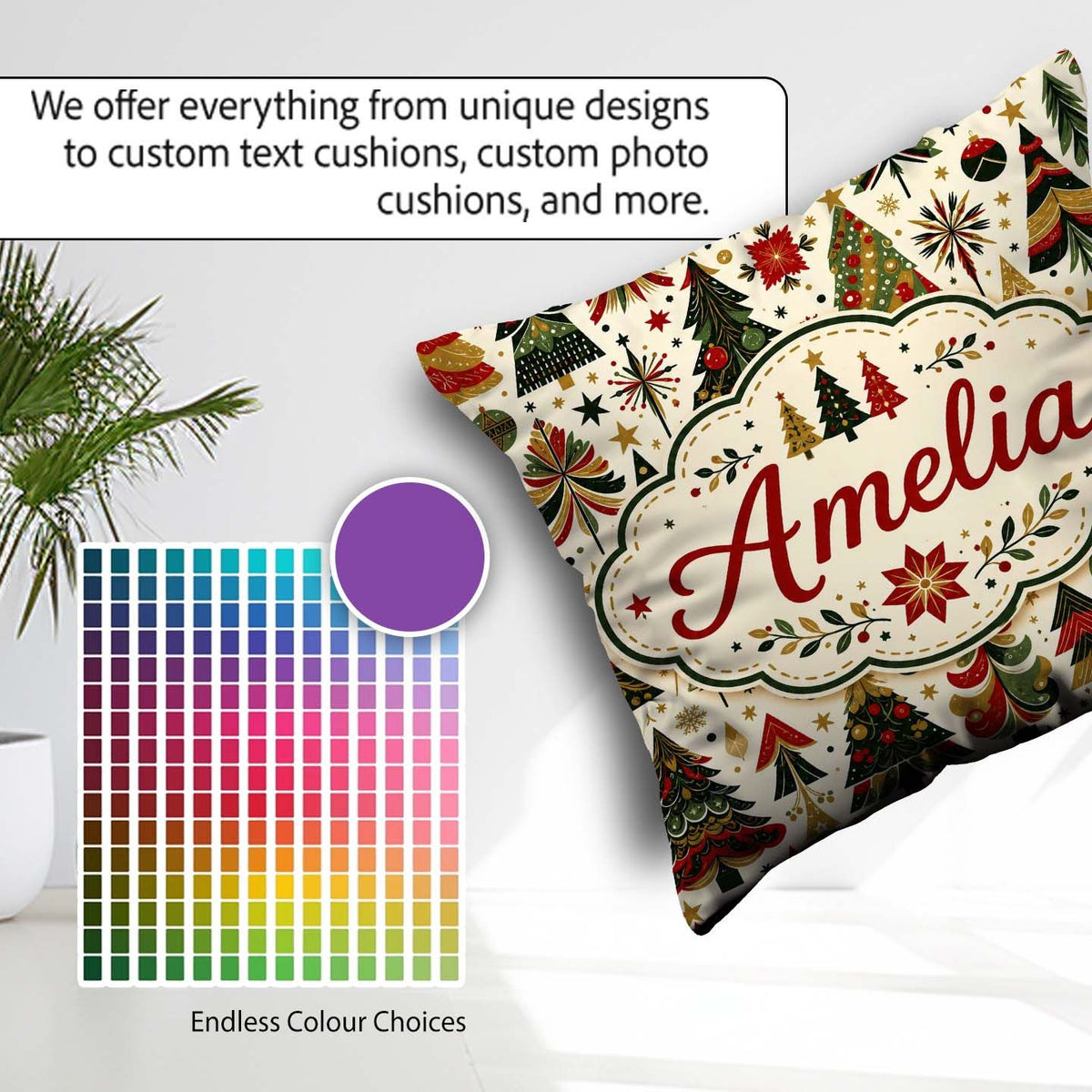 Custom Name Elegant Christmas Trees Red Green Ornaments Seamless Square Filled Cushion Throw Pillow Sofa Bed Home Decor Zip Washable UK Made