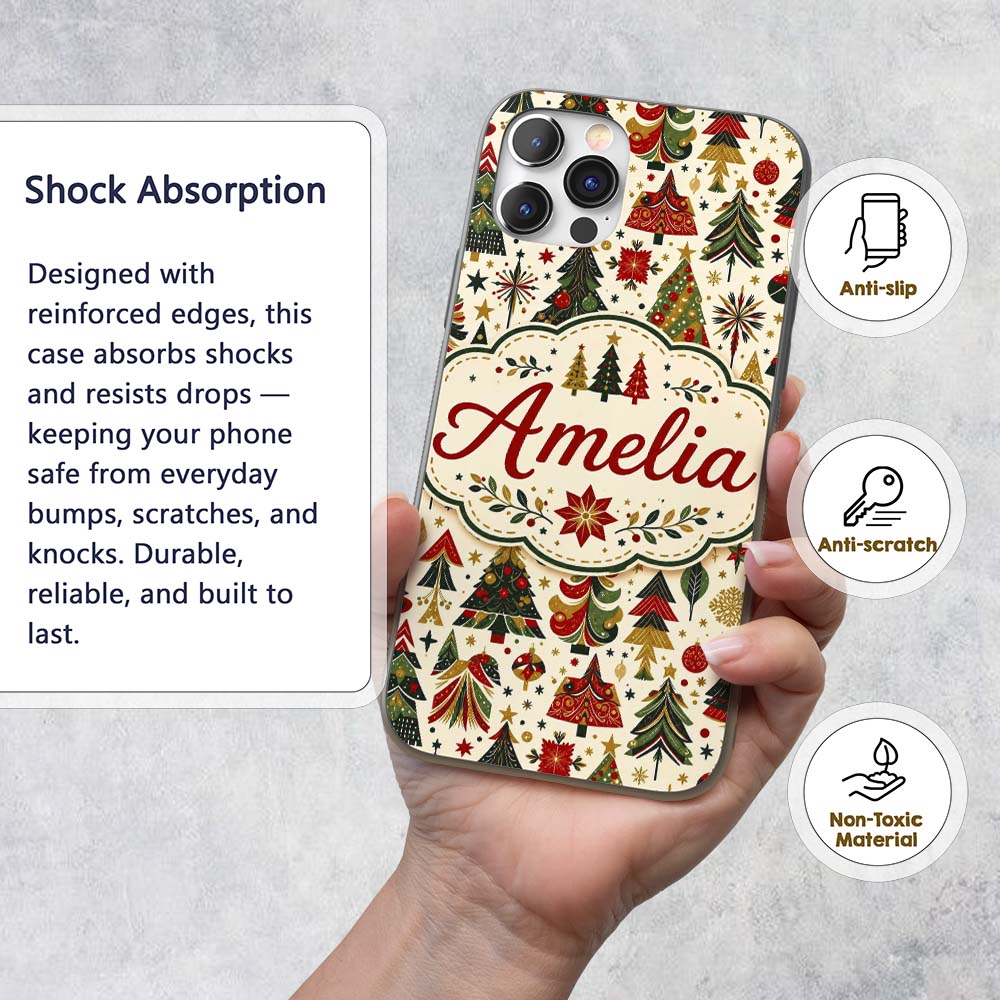 Elegant Christmas Trees Red Green Gold Stars Custom Name Protective Phone Case Mobile Cover Durable Everyday Smartphone Shock Resistant