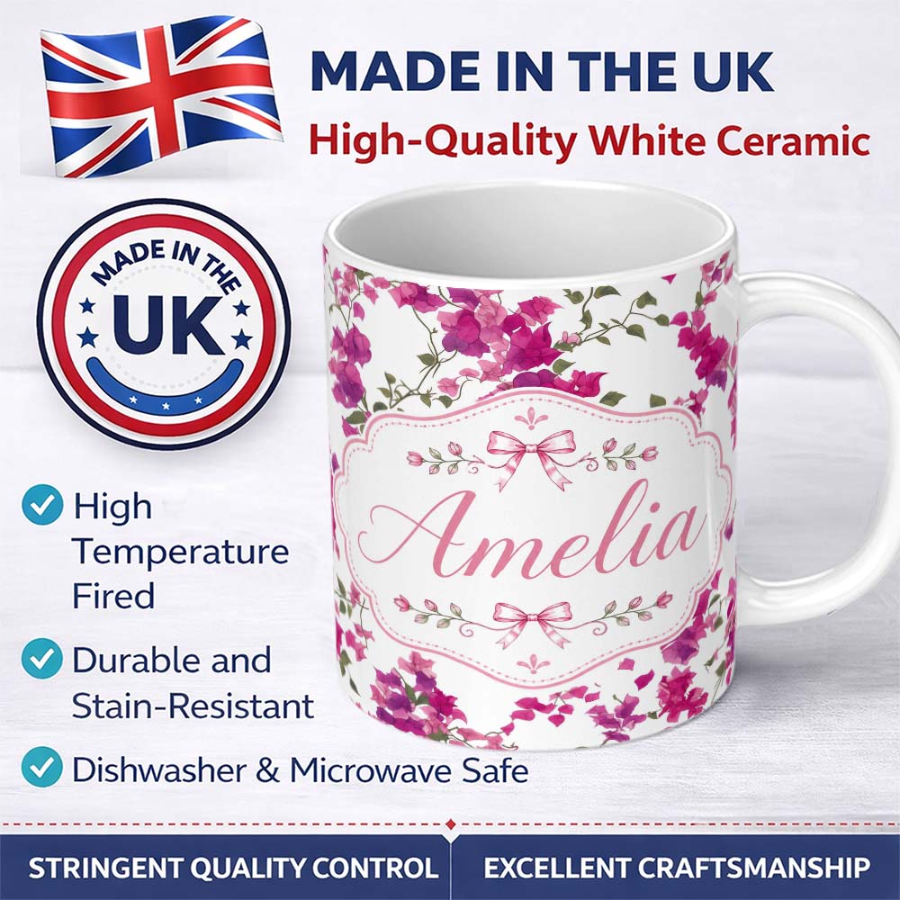 Personalized Custom Name Vibrant Pink Bougainvillea Floral Vine Elegant Seamless Pattern 11oz Ceramic Coffee Tea Mug White Large Handle