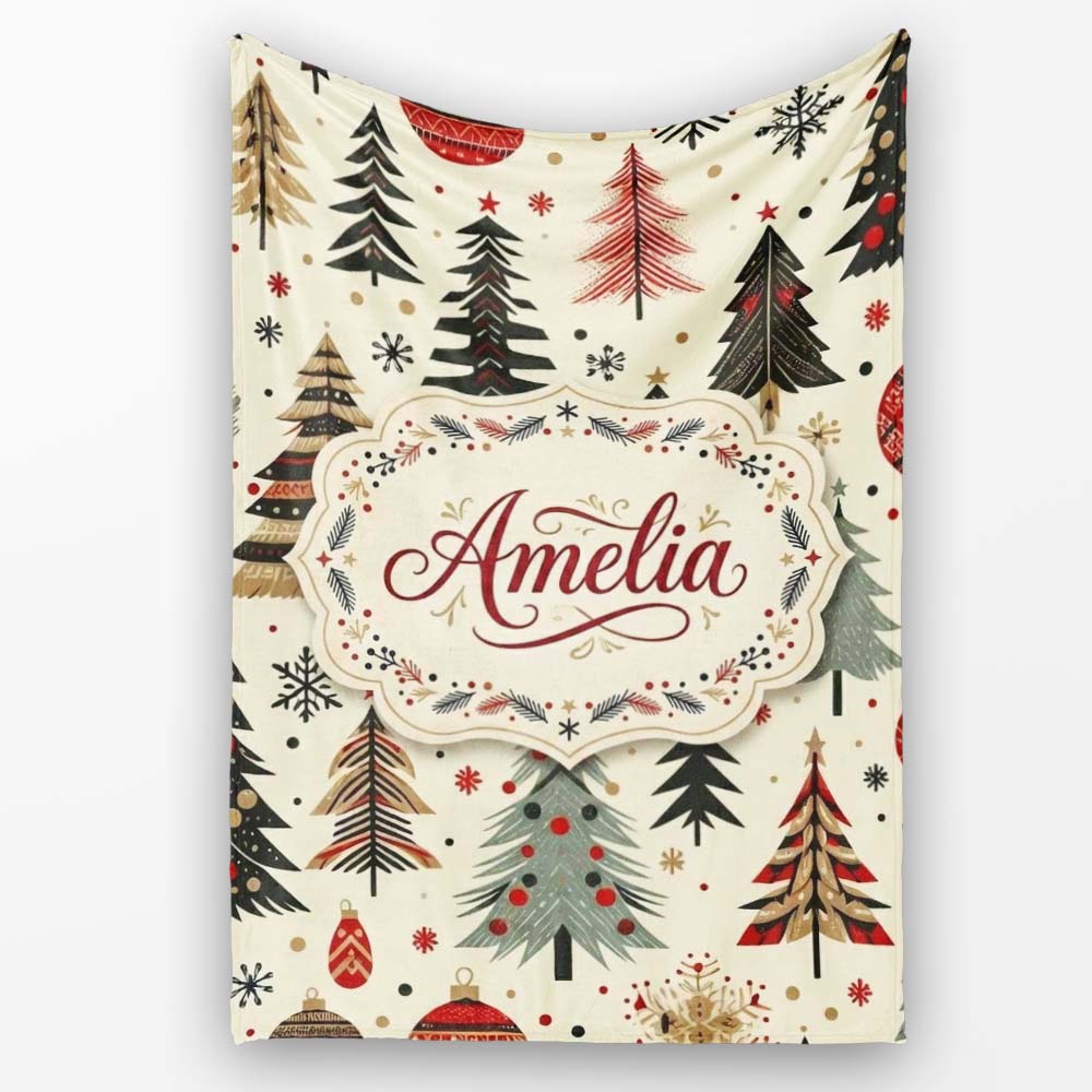 Modern Christmas Trees Minimal Black Gold Red Holiday Seamless  Personalised Custom Name Super Soft Fleece Blanket Bed Sofa Throw