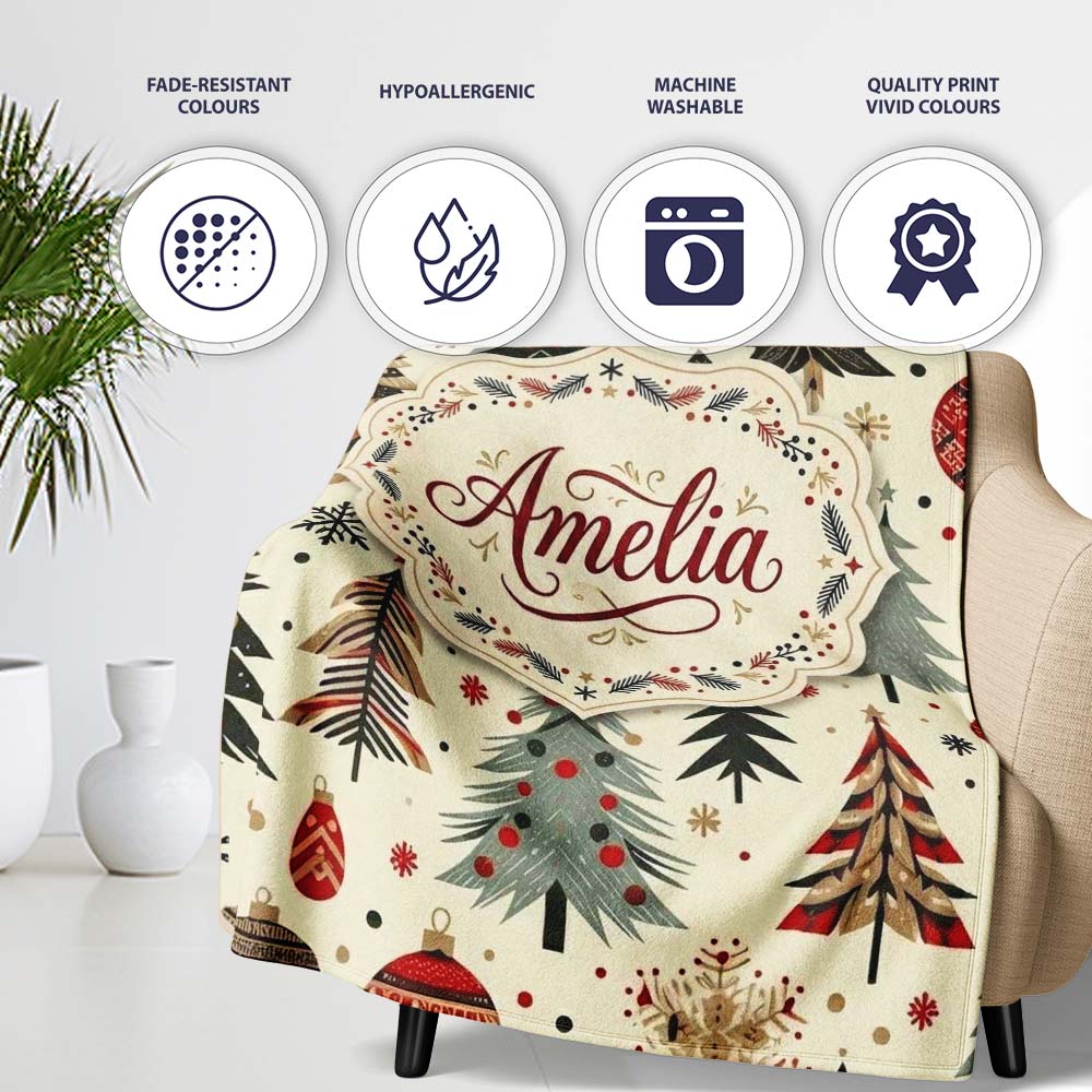 Modern Christmas Trees Minimal Black Gold Red Holiday Seamless  Personalised Custom Name Super Soft Fleece Blanket Bed Sofa Throw