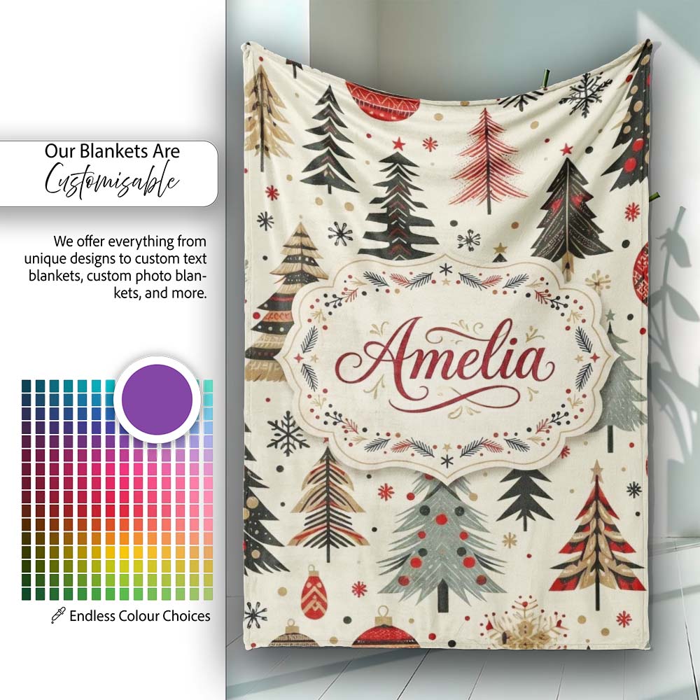 Modern Christmas Trees Minimal Black Gold Red Holiday Seamless  Personalised Custom Name Super Soft Fleece Blanket Bed Sofa Throw