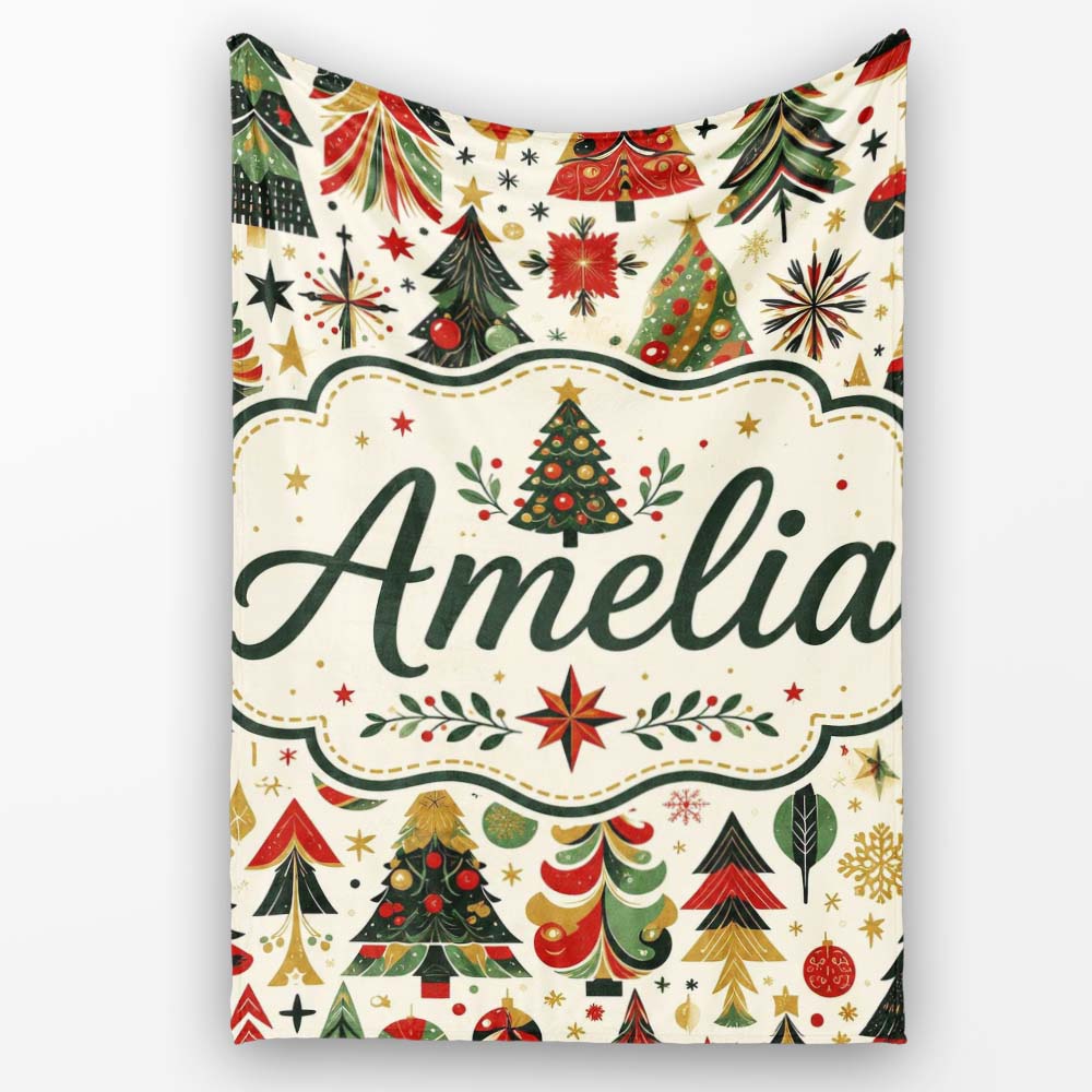 Ornate Christmas Trees Red Green Gold Baubles Festive Seamless  Personalised Custom Name Super Soft Fleece Blanket Bed Sofa Throw
