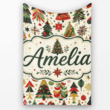 Ornate Christmas Trees Red Green Gold Baubles Festive Seamless  Personalised Custom Name Super Soft Fleece Blanket Bed Sofa Throw