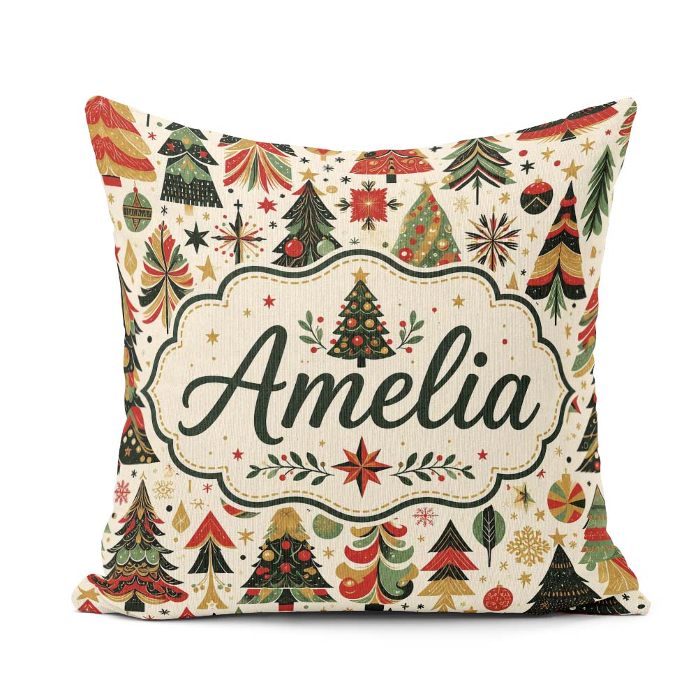 Custom Name Ornate Trees Red Green Gold Baubles Festive Seamless Square Filled Cushion Throw Pillow Sofa Bed Home Decor Zip Washable UK Made