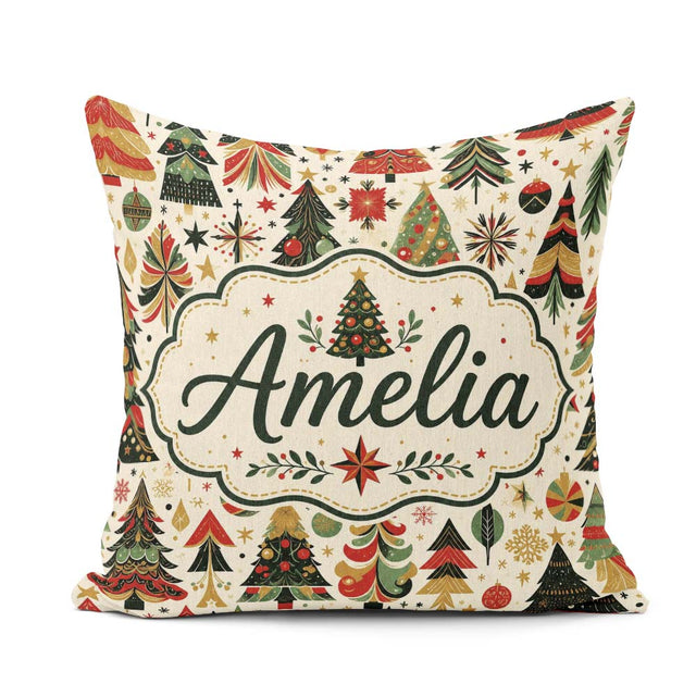 Custom Name Ornate Trees Red Green Gold Baubles Festive Seamless Square Filled Cushion Throw Pillow Sofa Bed Home Decor Zip Washable UK Made