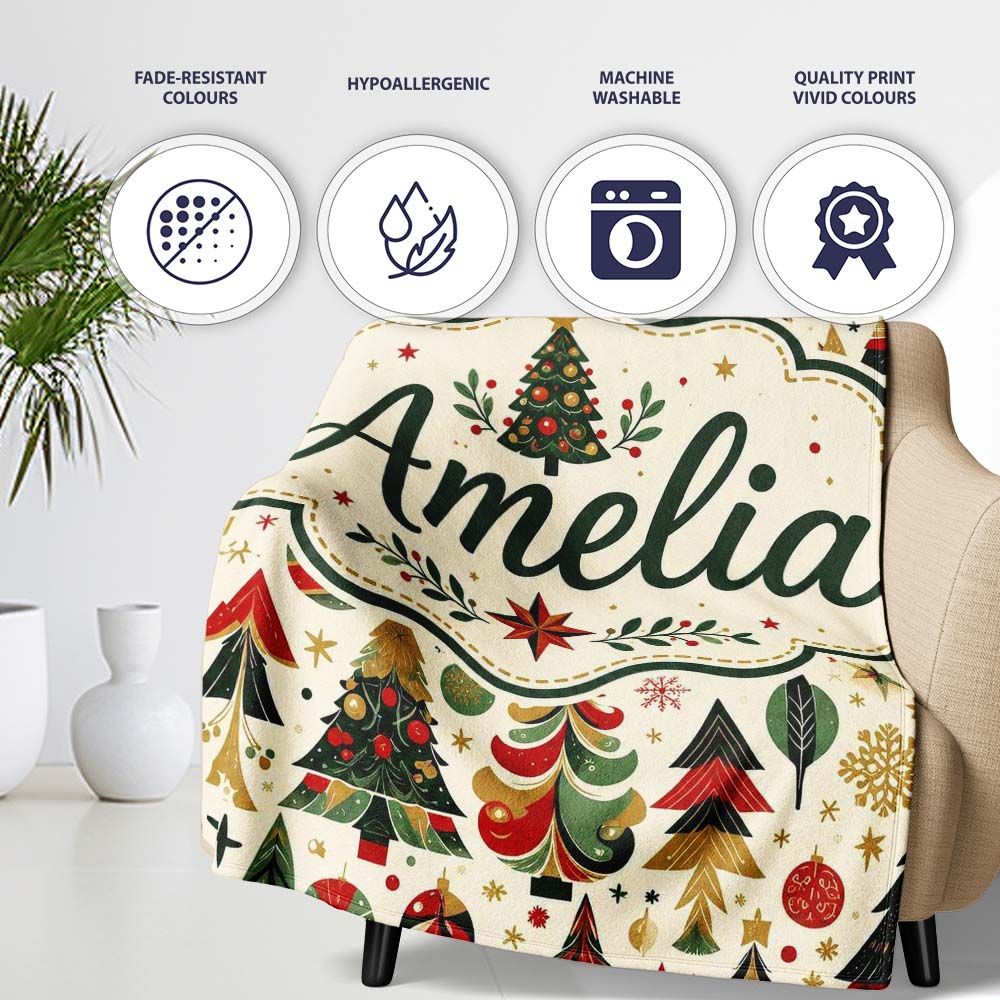 Ornate Christmas Trees Red Green Gold Baubles Festive Seamless  Personalised Custom Name Super Soft Fleece Blanket Bed Sofa Throw