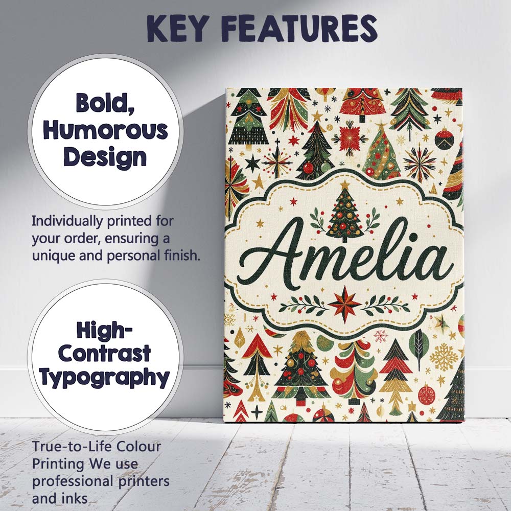 Personalised Name Ornate Christmas Trees Custom  Unique Gift Idea Elegant Feature Canvas Wall Art Print Decor Picture Ready to Hang