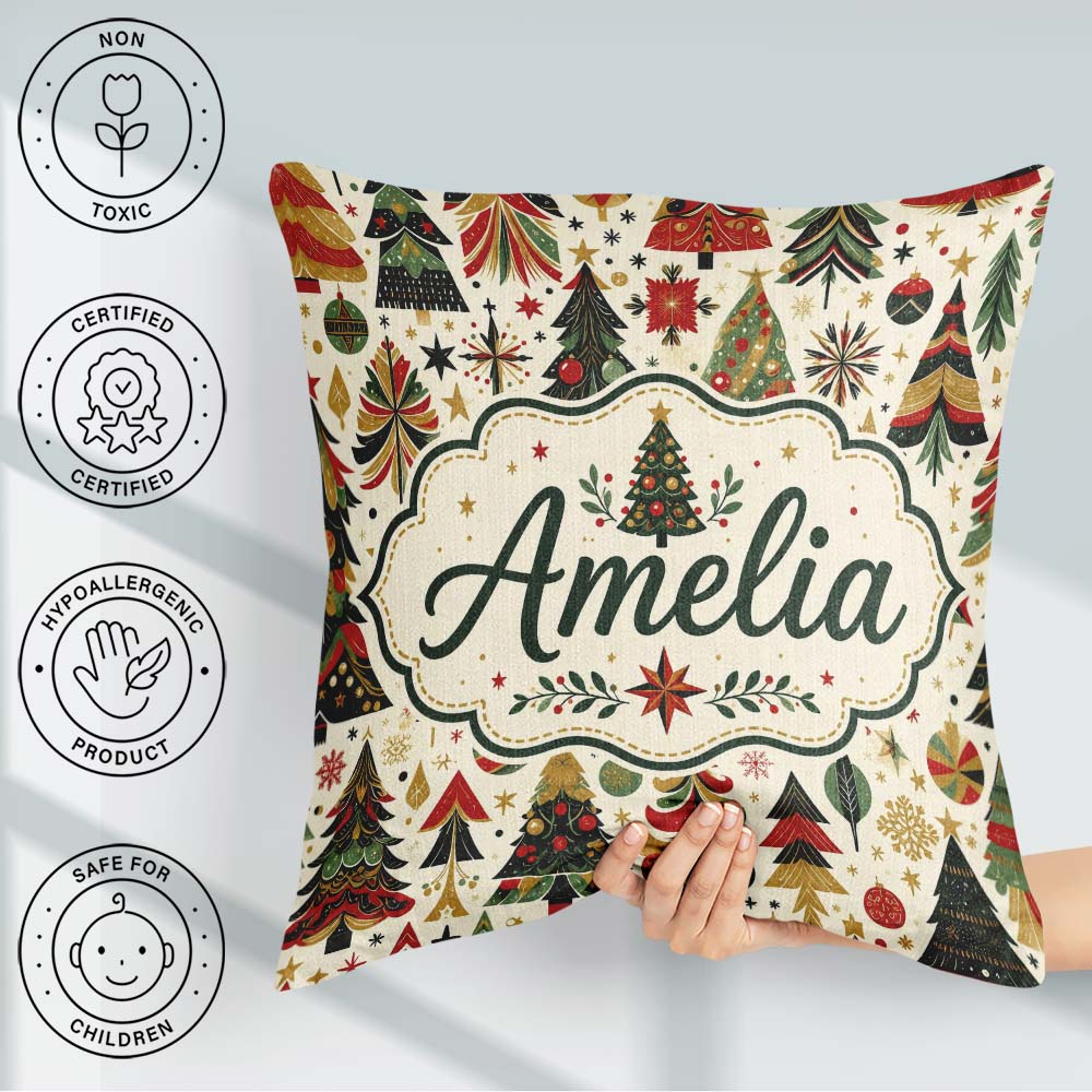 Custom Name Ornate Trees Red Green Gold Baubles Festive Seamless Square Filled Cushion Throw Pillow Sofa Bed Home Decor Zip Washable UK Made
