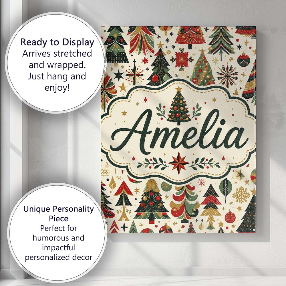 Personalised Name Ornate Christmas Trees Custom  Unique Gift Idea Elegant Feature Canvas Wall Art Print Decor Picture Ready to Hang