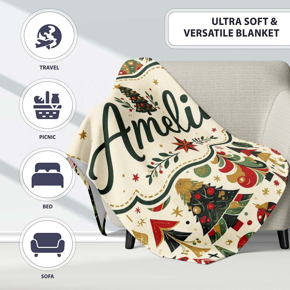 Ornate Christmas Trees Red Green Gold Baubles Festive Seamless  Personalised Custom Name Super Soft Fleece Blanket Bed Sofa Throw