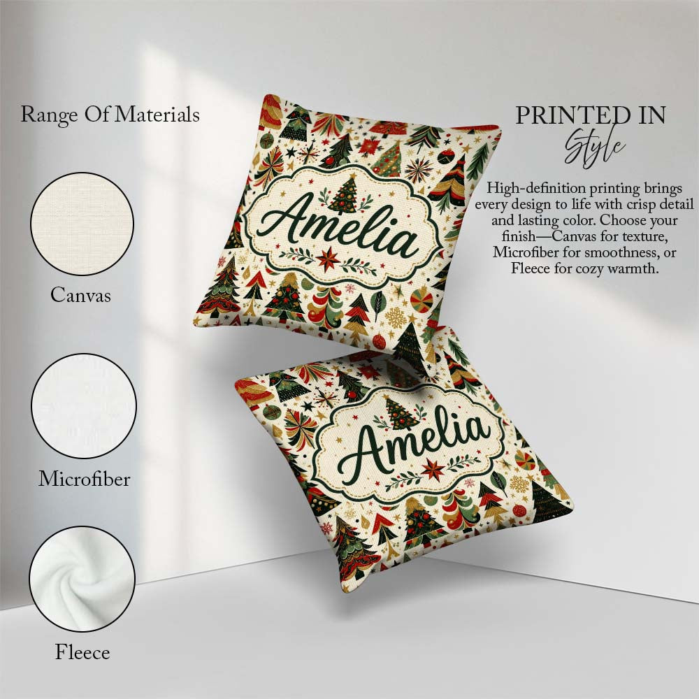Custom Name Ornate Trees Red Green Gold Baubles Festive Seamless Square Filled Cushion Throw Pillow Sofa Bed Home Decor Zip Washable UK Made