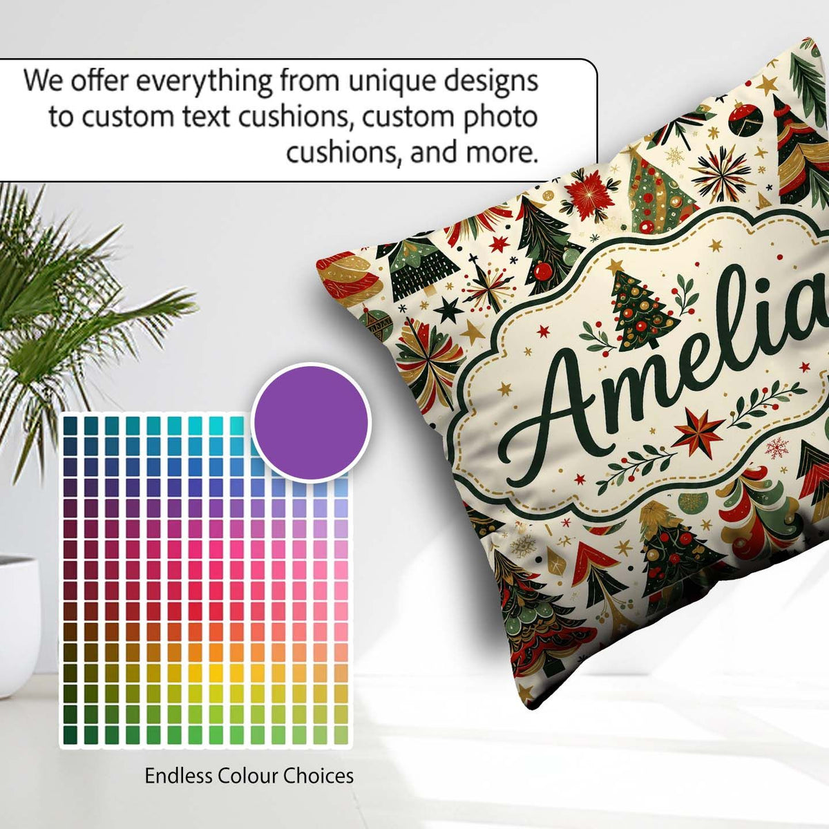 Custom Name Ornate Trees Red Green Gold Baubles Festive Seamless Square Filled Cushion Throw Pillow Sofa Bed Home Decor Zip Washable UK Made