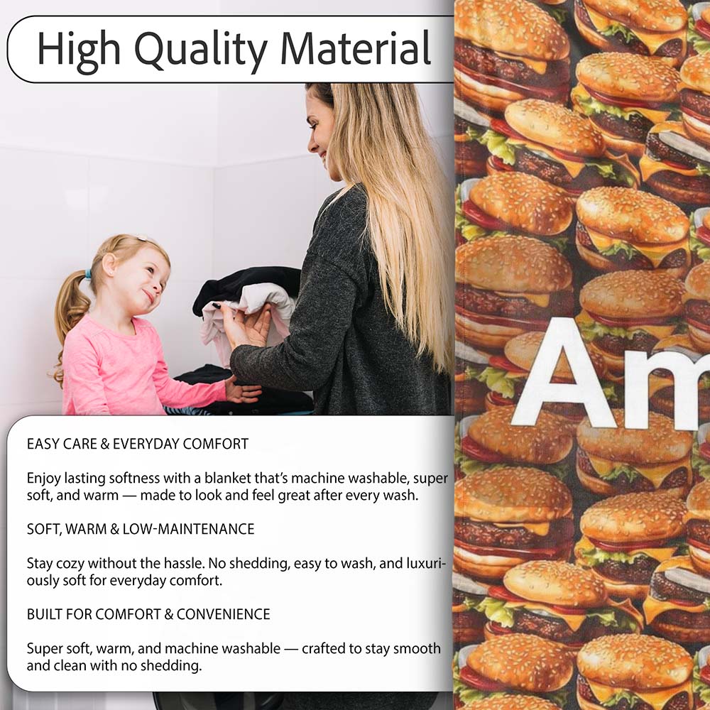 Realistic Burger Stack Seamless Pattern Fast Food Snack Design  Personalised Custom Name Super Soft Fleece Blanket Bed Sofa Throw